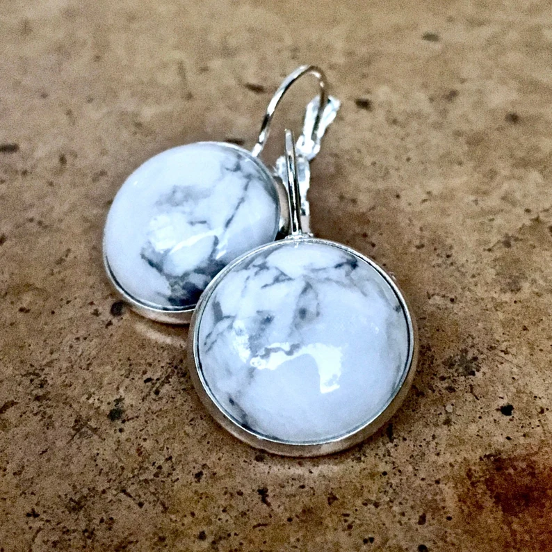 Huge Howlite Stone 925 Sterling Silver Earrings White & Grey Gemstone Round Semi Circle Stone Handmade Jewelry Gift For Her