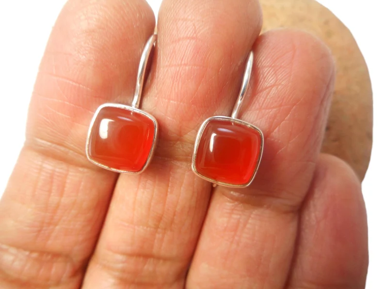 925 Sterlingsilber Quadratische Karneol Ohrringe Geschenk für Sie Handgefertigte Ohrringe Hängeohrringe für Frauen Alltags-Statement-Ohrringe Geschenk für Sie
