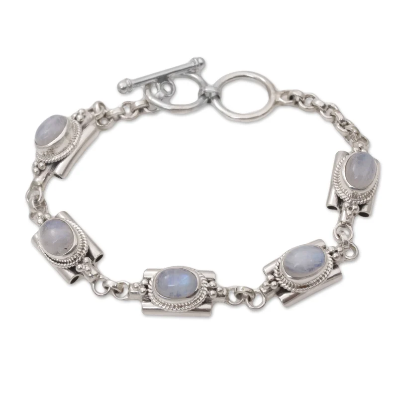 Misty Domes 925 Sterling Silber Regenbogen Mondstein Gliederarmband Geburtstagsgeschenk für Mädchen Charmanter Schmuck Valentinstagsgeschenk für Sie