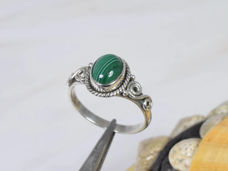 Natural Green Malachite 925 Sterling Silver Gemstone Ring Handmade Jewelry Green Ring Elegant Ring Tiny Silver Ring Gift For Her