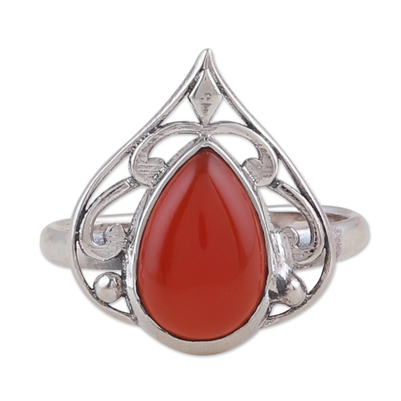 Blatt-Motiv Oranger Onyx Cocktailring Handgefertigt 925 Sterling Silber Geschenk Für Sie