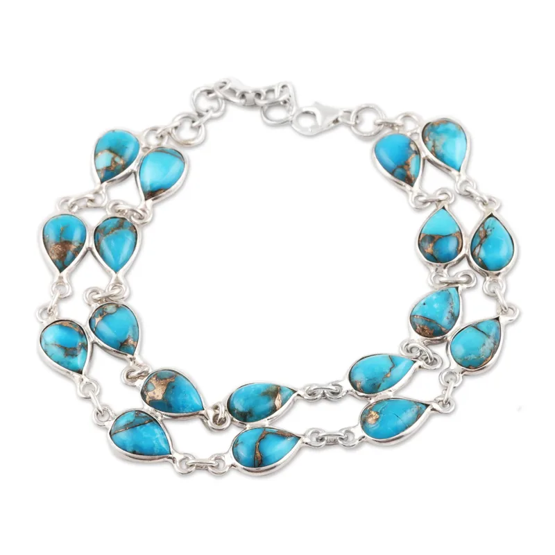 Teardrop Turquoise Link Bracelet 925 Sterling Silver Bracelet Bohemian Jewelry Charming Jewelry Valentine Day Gift For Her