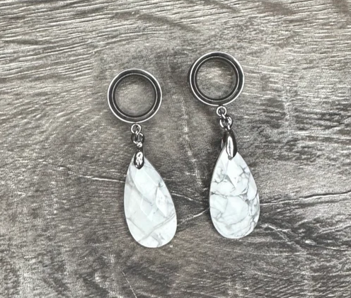 925 Sterling Silver White Howlite Teardrop Silver Tunnels Saddles Drop Dangle Earrings Earplugs Plugs Gift For Her