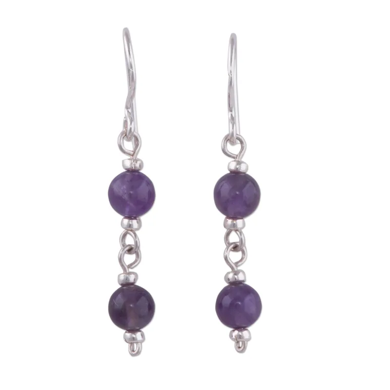 Baumelnde Ohrringe aus Sterlingsilber mit zwei Amethyst-Edelsteinen, handgemachte Ohrringe, Geschenkidee, Geburtstagsgeschenk, böhmischer Schmuck, Geschenk für sie