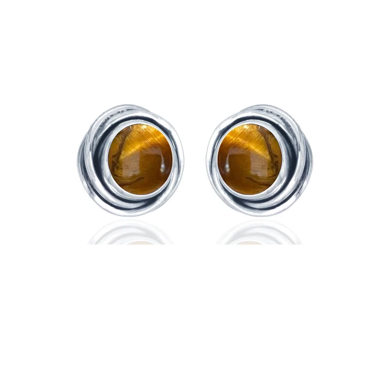 Round Rope Design Tiger Eye Stud Earrings 925 Sterling Silver Gemstone Earring Studs Antique Style Studs Gift for Her Dainty Studs Boho Jewelry