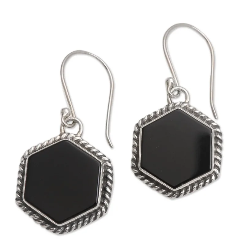 Onyx und Sterling Silber Sechseckige Ohrringe Damen Handgemachte Ohrringe Geschenke für Mama & Sie Böhmischer Schmuck