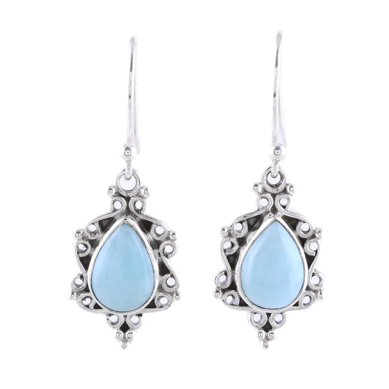 Larimar-Tropfen-Ohrringe mit Verzierungen aus Sterlingsilber – Edelstein-Ohrringe, handgefertigt, Boho-Ohrringe, Geschenk für sie