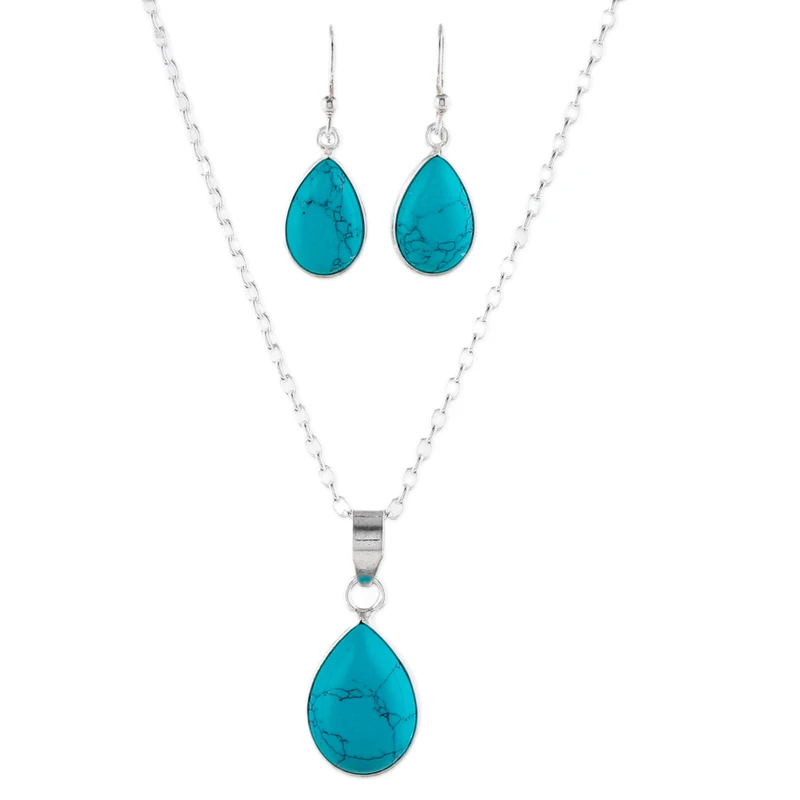 Türkise Halskette und Ohrringe Schmuckset 925 Sterling Silber Anhänger Halskette Böhmischer Schmuck Geschenk für sie
