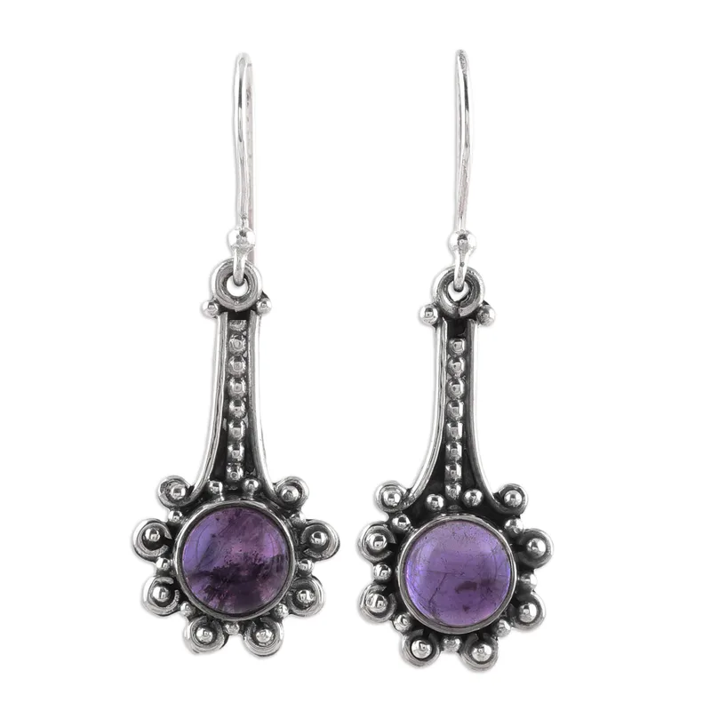 Amethyst- und Sterlingsilber-Ohrhänger aus Indien, handgefertigte Ohrringe, Geschenkidee, Geburtstagsgeschenk, böhmischer Schmuck, Geschenk für sie