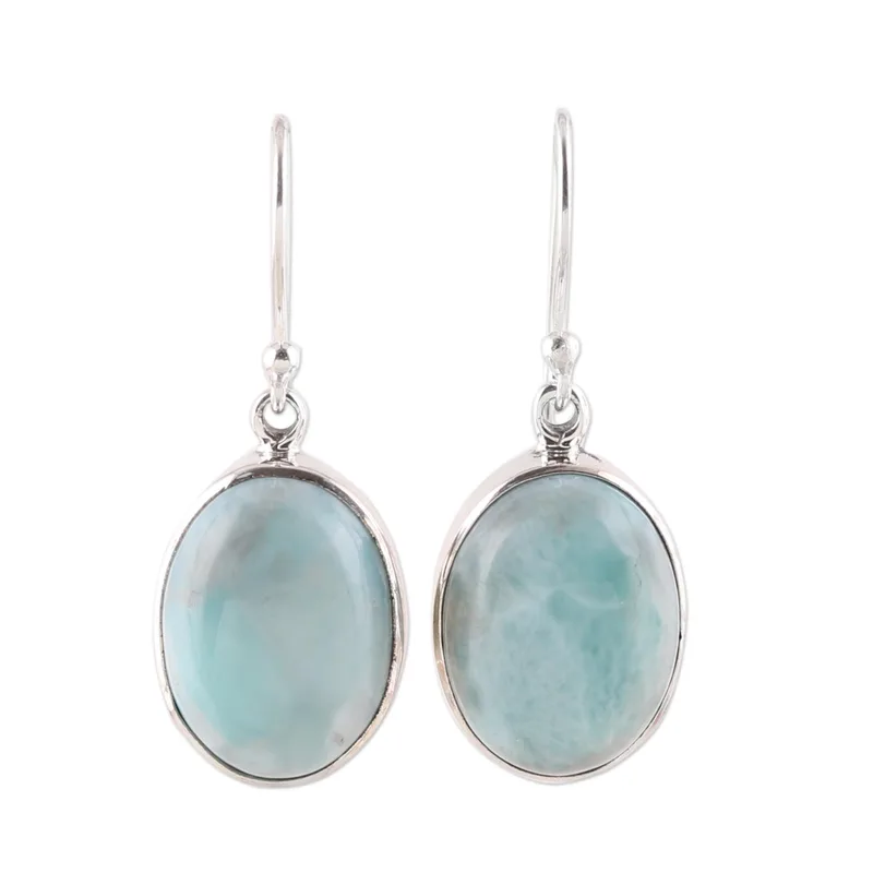 Ovale Larimar-Hängeohrringe 925 Sterling Silber Edelstein-Ohrringe Handgefertigt Damen Hochzeitsohrringe Geschenk für Sie