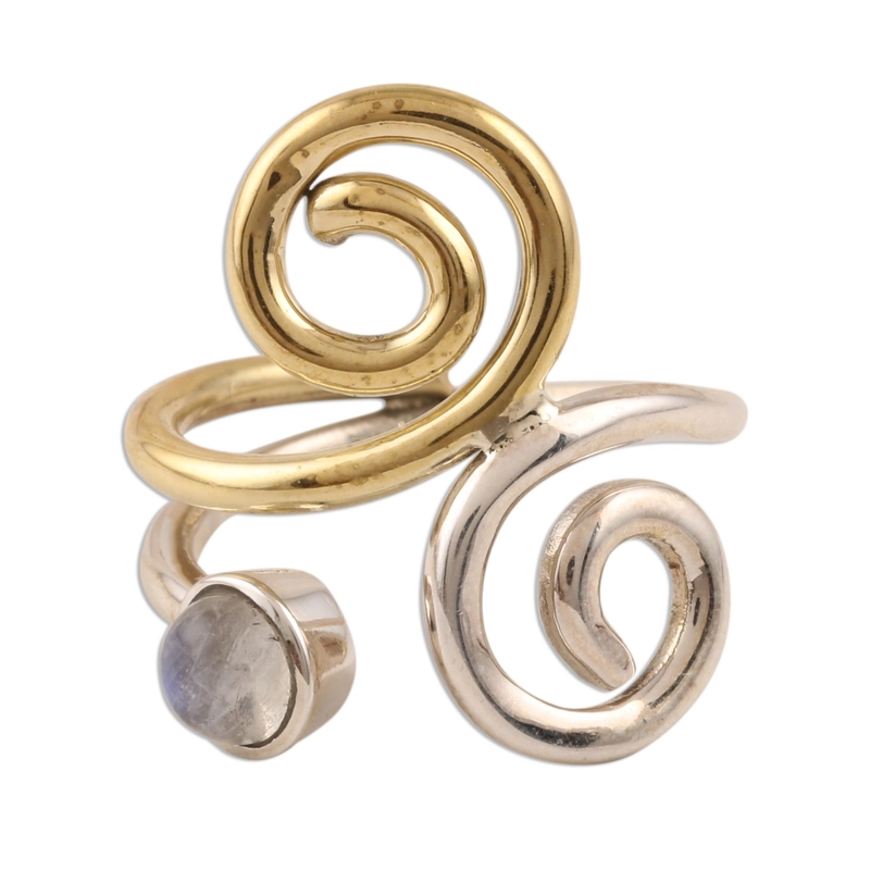 Regenbogen-Mondstein-Ring aus Sterlingsilber und Messing, handgefertigter 925er Sterlingsilberring, Geschenk für sie und Mutter