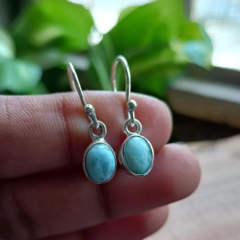 Natürliche Larimar Ohrringe, 925 Sterling Silber Ohrhänger, baumelnde Ohrringe, handgefertigte Ohrringe, Larimar Schmuck, zierliche Ohrringe