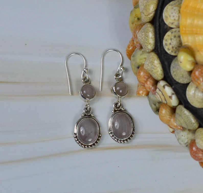 Rosa Rosenquarz 925 Sterling Silber Edelstein Haken-Ohrring Ovale Form Schmuck Handgemachter Schmuck Geschenk zum Jahrestag