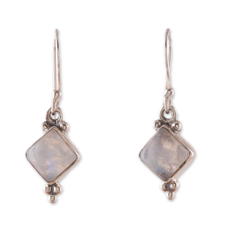 Regenbogen-Mondstein-Ohrhänger, 925er Sterlingsilber, handgefertigte quadratische Edelstein-Ohrringe, Geschenk für sie