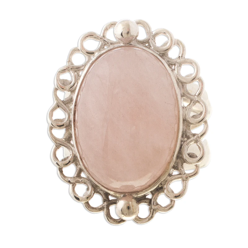Pink Blossom Cocktail Ring with Rose Quartz 925 Sterling Silver Statement Ring Natural Stone Ring Gift For Her