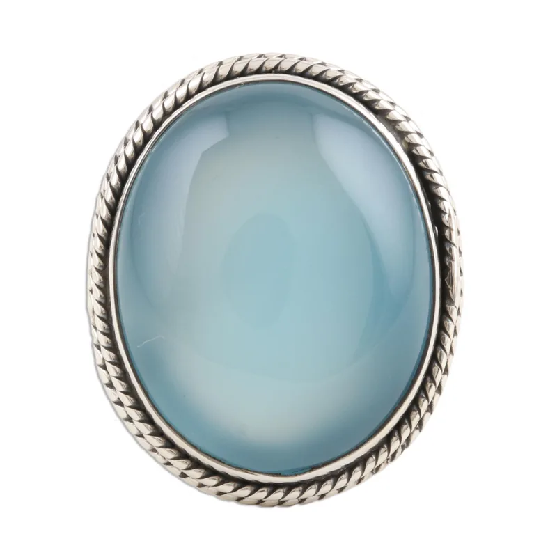 Aqua Chalcedony Cocktail Ring 925 Sterling Silver Boho Ring March Birthstone Ring Blue Oval Gemstone Handmade Statement Silver Ring