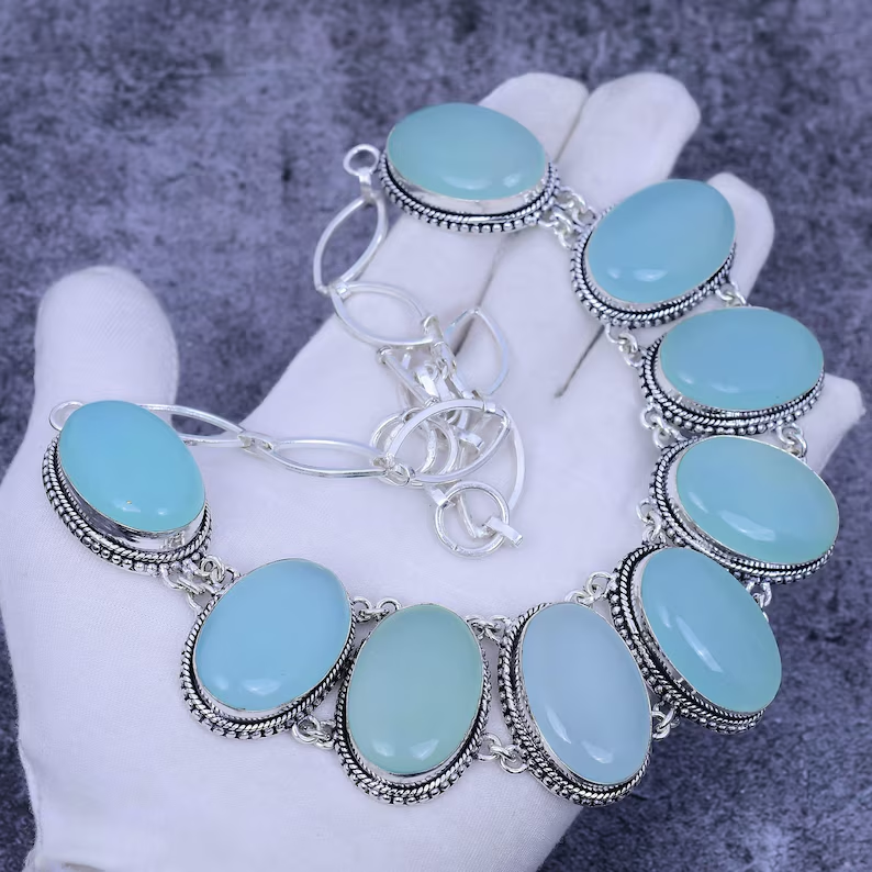 Aquachalzedon Edelstein-Halskette 925 Sterling Silber Halskette Verstellbare Kette Halskette Brauthalskette Handgemachter Schmuck Jubiläumsgeschenk