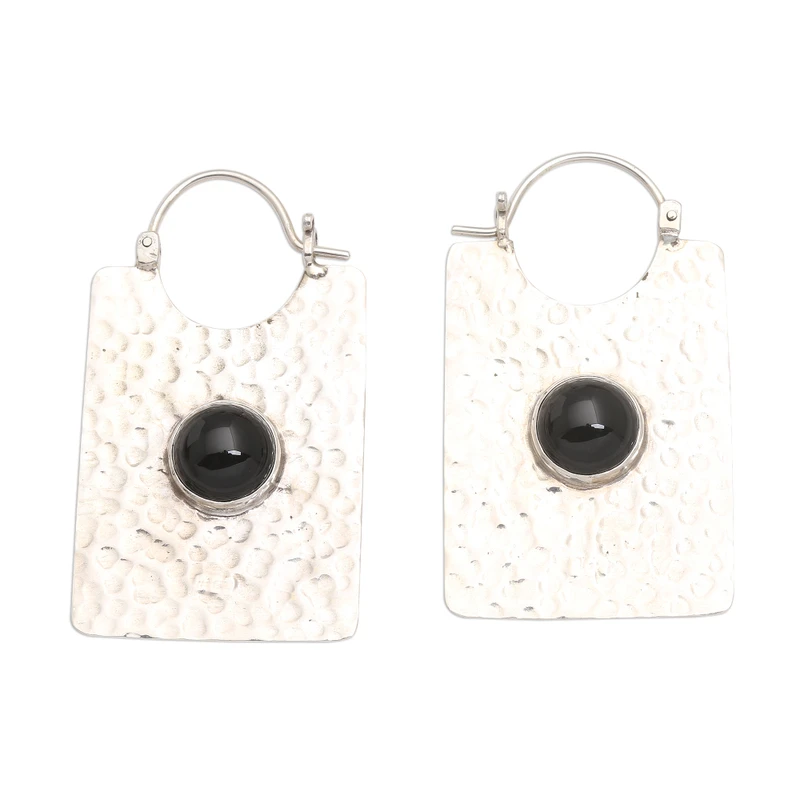 Rechteckige gehämmerte Silber- und Onyx-Creolen, handgefertigte Ohrringe für Frauen, Geschenke für Mama & Sie, Bohème-Schmuck