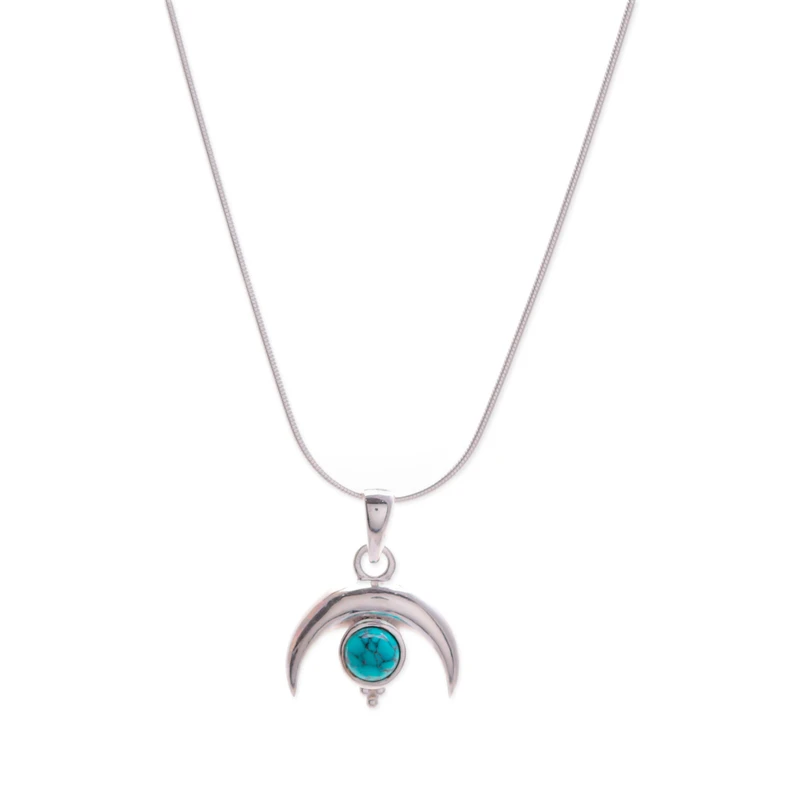 Mondförmige Halskette aus 925er Sterlingsilber mit natürlichem Türkis, wunderschöne Halskette, zarte Halskette, perfektes Muttertagsgeschenk, böhmischer Schmuck, Geschenk für sie