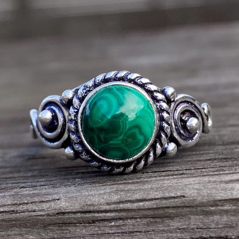 925 Sterling Silver Malachite Round Gemstone Ring Handmade Bohemian Jewelry Statement Ring Gift For Her