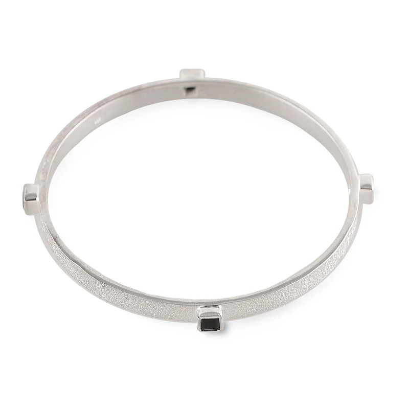 Textured Silver Bangle Bracelet with Square Black Onyx Gems 925 Sterling Silver Bohemian Jewelry Charming Jewelry Valentine Day Gift For Her