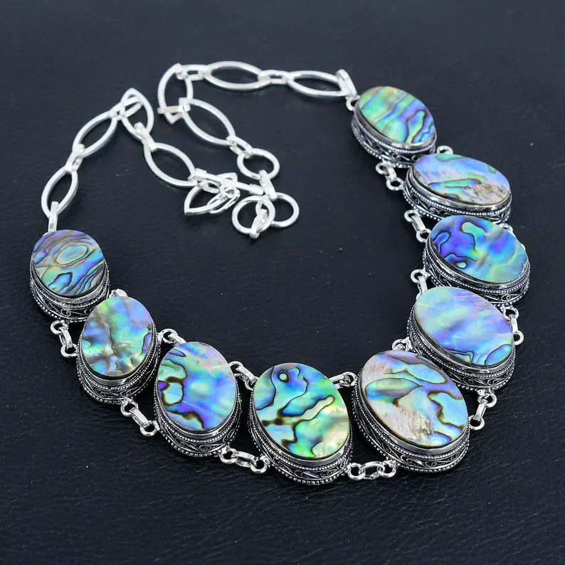 Abalone-Muschel-Halskette 925 Sterling Silber Halskette Echter Edelstein Handgefertigter Boho Schmuck Verstellbare Kette Vintage Schmuck Für Mutter