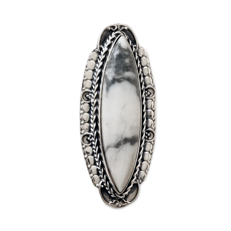Sterling Silver Cocktail Ring with Howlite Cabochon White Stone Ring Handmade Women Ring Gemstone Ring Gift For Her
