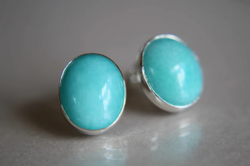Amazonite Studs Earrings Gemstone Earrings 925 Sterling Silver Large Earrings Minimalist Earrings Gift Item