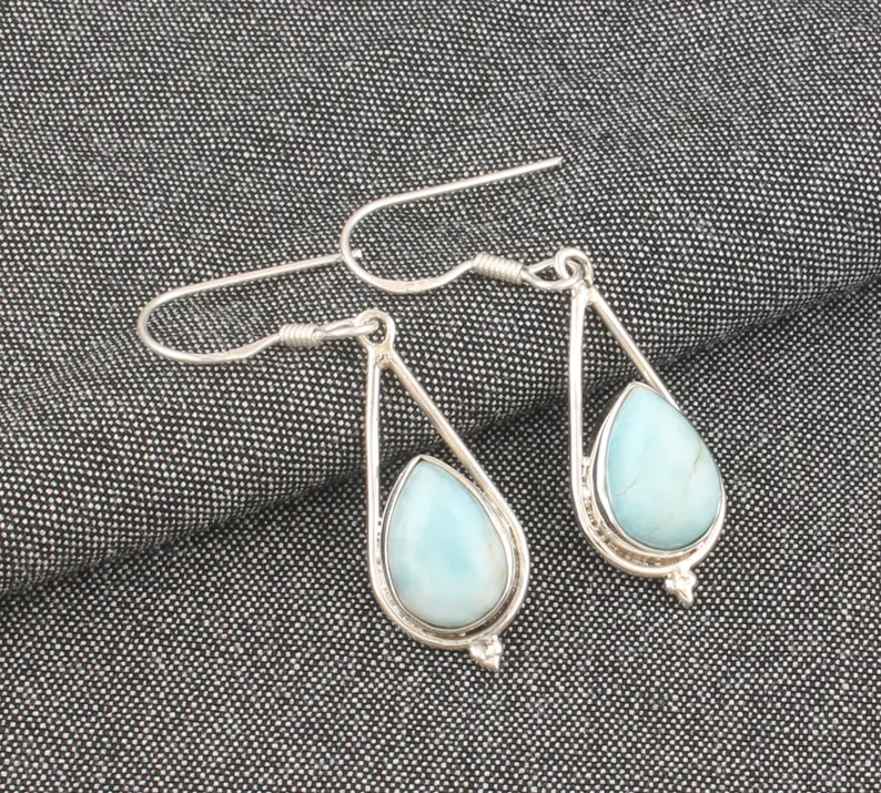 Larimar Edelstein Ohrring Massiver 925 Sterling Silber Tropfenohrringe Handgemachte Birnenstein Ohrringe Geschenke zum Muttertag