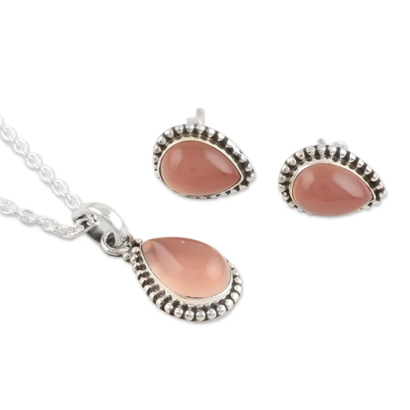 Pink Crush Rosenquarz Ohrring- und Halsketten-Set 925 Sterling Silber Halskette Rosenquarz Schmuck Januar Geburtsstein Geschenk Boho Halskette Geschenk für Sie