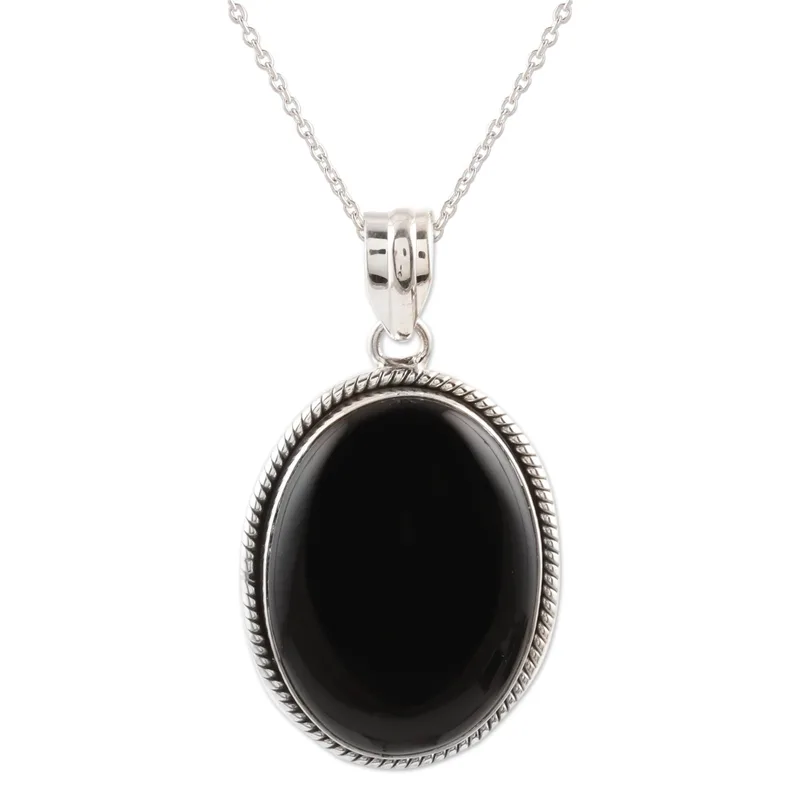 Black Onyx Cabochon Pendant Necklace 925 Sterling Silver Delicate Necklace Bohemian Jewelry Gift For Mom & Her
