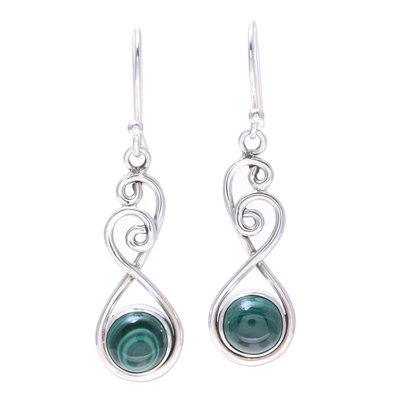 Round Malachite in Sterling Silver Swirls Dangle Earrings Handmade Women Minimalist Earrings Boho Dainty Jewelry Gift For Her