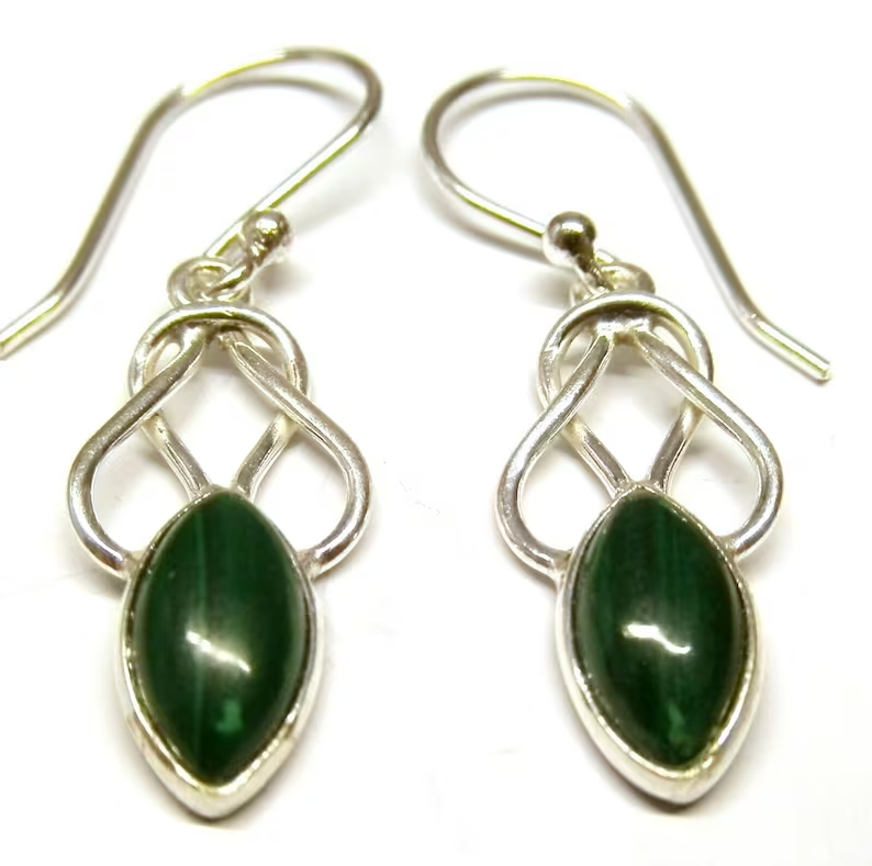 Handmade in 925 Sterling Silver Real Malachite Celtic Drop Earrings Bohemian Jewelry Gift For Her