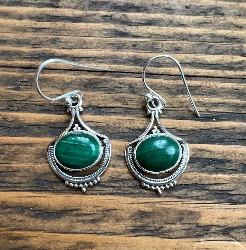 Malachite Earrings Oval Earrings Boho Green Oval Earrings 925 Sterling Silver Gift for Her Mother Day Gift For Her & Mom