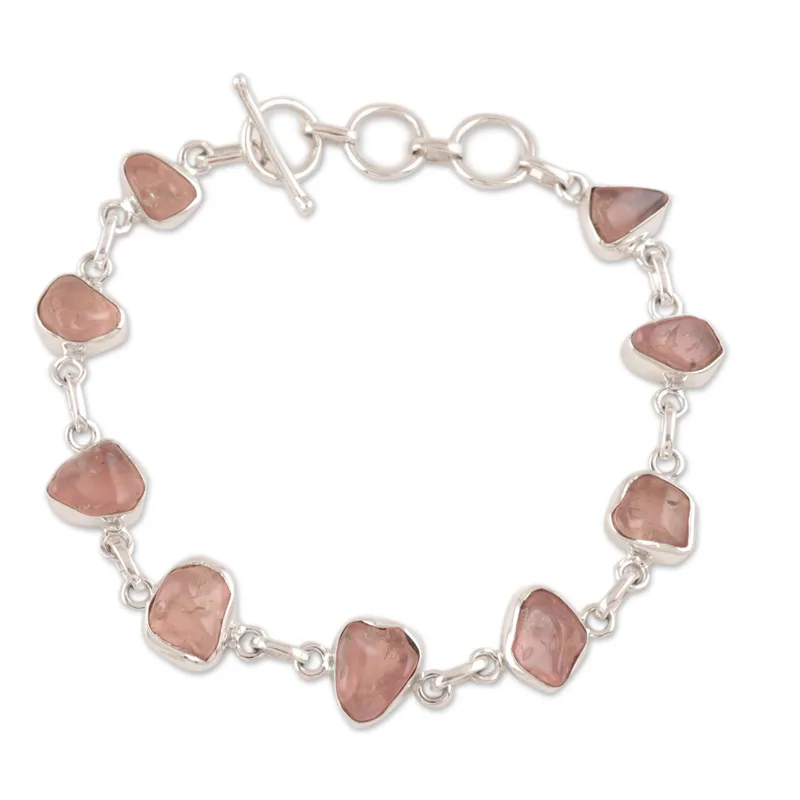Rose Quartz Nugget Link Bracelet 925 Sterling Silver Bohemian Jewelry Charming Jewelry Valentine Day Gift For Her