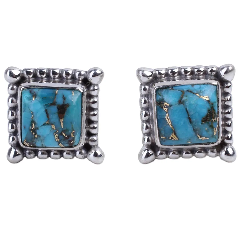 Handmade Turquoise Stud Earrings Square 925 Sterling Silver Turquoise Jewelry Handmade Bohemian Jewelry Gift For Her