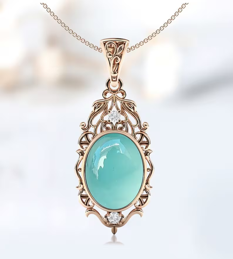 Natürlicher Aqua-Chalcedon-Anhänger für Frauen 925 Sterling Silber Aqua-Chalcedon-Filigran-Design-Halskette Einzigartiger handgefertigter Anhänger als Geschenk für sie