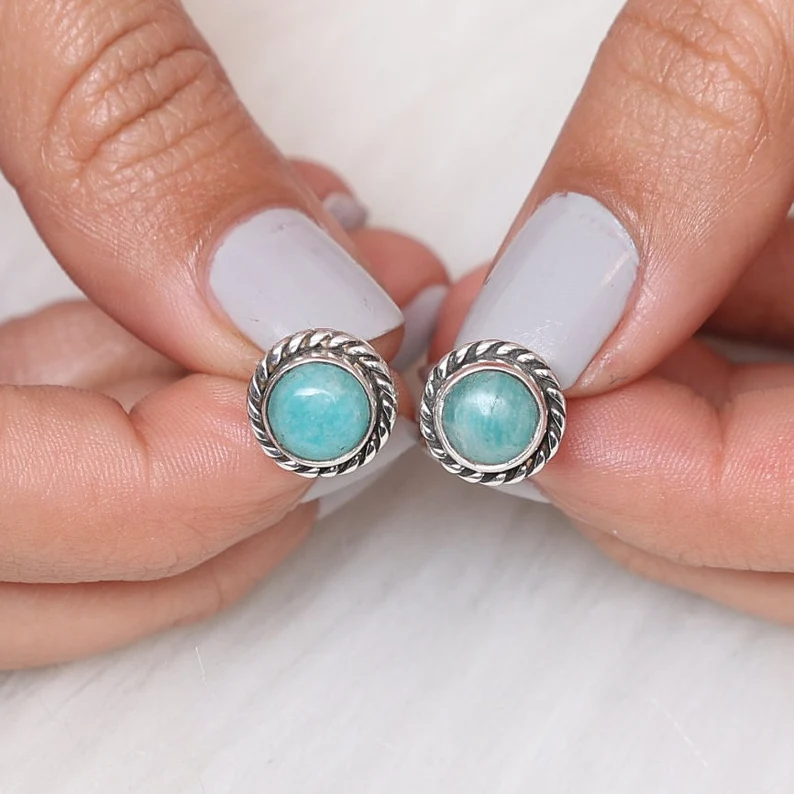 Amazonite Stud Earrings 925 Sterling Silver Earrings Round Gemstone Studs Women Stud Earrings Handmade Amazonite Jewelry