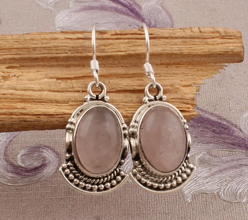 Rosenquarz Edelstein Ohrring 925 Sterling Silber Ohrringe Boho Rosa Oval Edelstein Geburtstag Geschenk Ohrring für Schwester Hochzeitsgeschenk