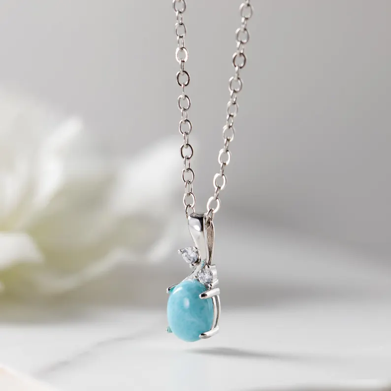 Larimar-Anhänger-Halskette Minimalistische Larimar-Edelsteinkette Blaue Larimar-Halskette Weihnachtsgeschenk für Mutter Sterling-Silber-Halskette
