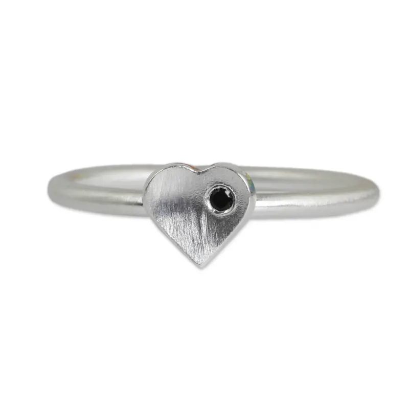 Handmade Brushed Sterling Silver and Onyx Heart Ring Stacking Ring Handmade Ring Woman Silver Ring Gift for Her & Mom