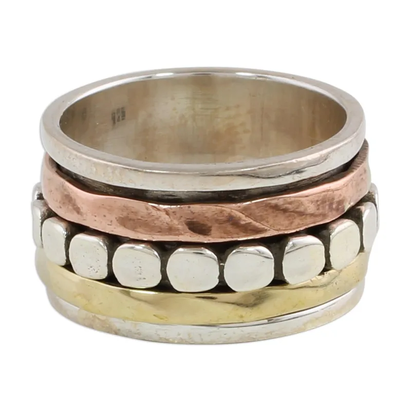 Sterling Silber, Kupfer und Messing Spinner Ring aus Indien Handgefertigter Ring Silberschmuck Böhmischer zarter Ring Geschenk für Sie Geschenkidee