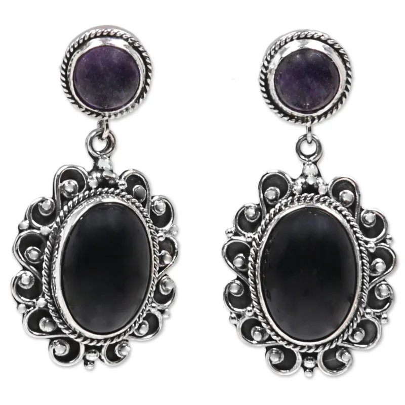 Amethyst- und Onyx-Ohrringe, 925er Sterlingsilber, handgefertigte Ohrringe, Geschenkidee, Geburtstagsgeschenk für sie