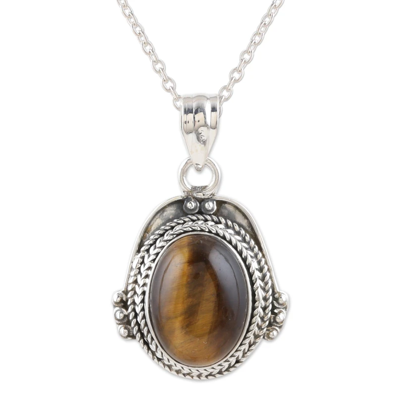 Schmuckanhänger Tigerauge Halskette 925 Sterling Silber Echter Edelstein Halskette Böhmischer Schmuck Geschenk für Sie Geburtstagsgeschenk