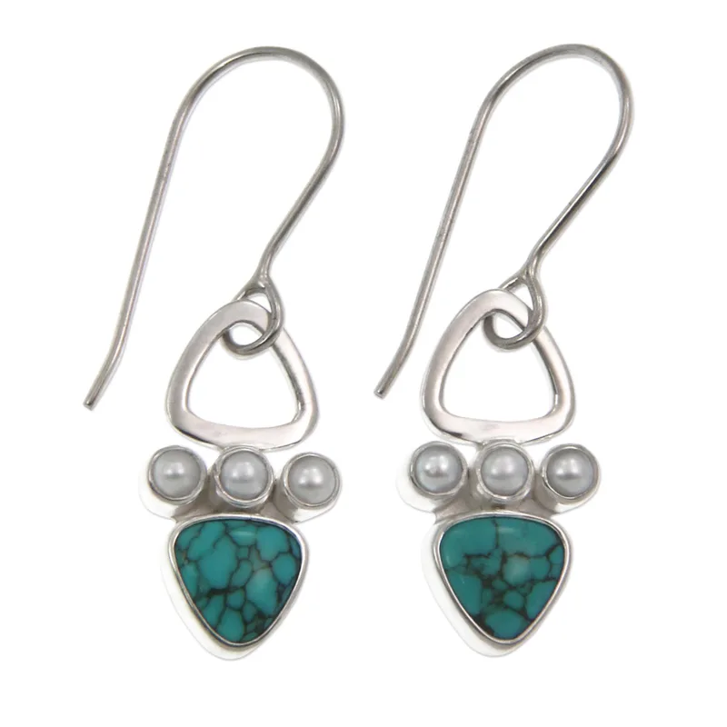 Natürliche Dreieck Türkis Hängeohrringe 925 Sterling Silber Handgemachter Böhmischer Edelsteinschmuck Geschenk für Sie & Mama