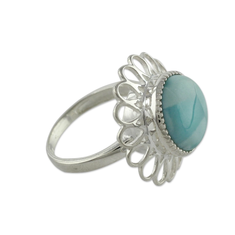Runder Larimar Edelstein Ring Handgemachtes Design 925 Sterling Silber Geschenk für Sie & Mama