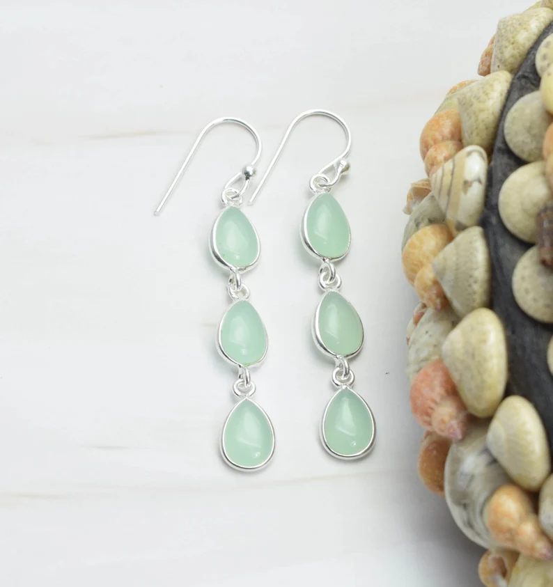 Aqua Chalcedon 925 Sterling Silber Edelstein Haken Ohrringe Tropfenform Schmuck Handgemachter Schmuck Geburtstagsgeschenk Für Sie