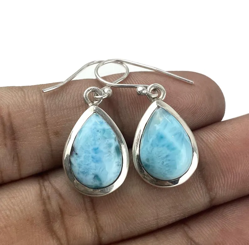 Natürlicher Larimar-Edelstein-Ohrring, handgefertigter Schmuck-Ohrring, 925er Sterlingsilber-Ohrring, massiver Silber-Ohrring, Larimar-Schmuck