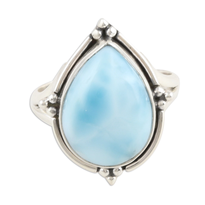 Birnenförmiger Larimar und Cocktailring aus Sterlingsilber, handgefertigtes Design, 925er Sterlingsilber, Geschenk für sie und Mama