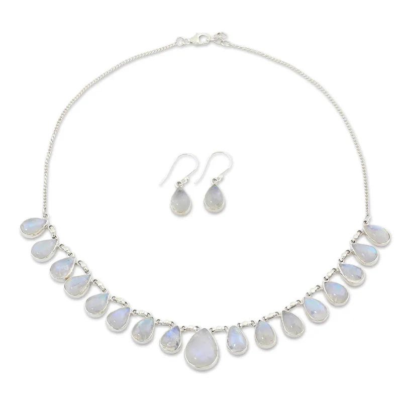 Rainbow Moonstone Jewelry Set Necklace and Earrings 925 Sterling Silver Handmade Bohemian Jewelry Anniversary Gift For Her & Mom